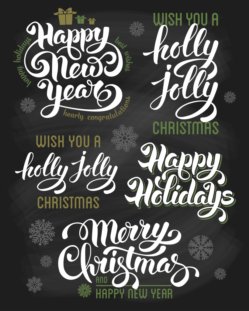 Hand drawn calligraphic letterings design set for winter holidays on chalkboard. Merry Christmas and Happy New Year. Vector illustration.